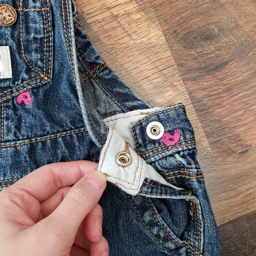 Oshkosh B'gosh Blue Jean Overalls With Pink Embroidered Birds, Size 9 Months